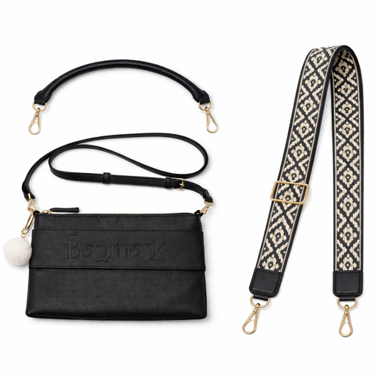 The Essential Black Bundle - Includes Fabric Webbing Strap (Black& White Mix) and Short Handle Strap