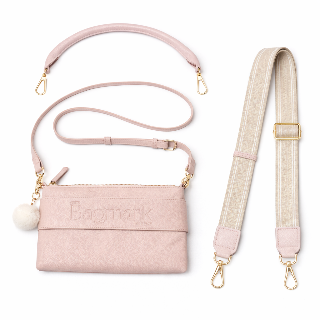 The Essential Pink Bundle - Includes Fabric Webbing Strap (Dusky Pink & White Mix) and Short Handle Strap