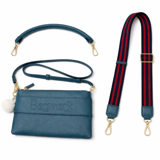 The Essential Teal Bundle - Includes Fabric Webbing Strap (Navy & Red Mix) and Short Handle Strap