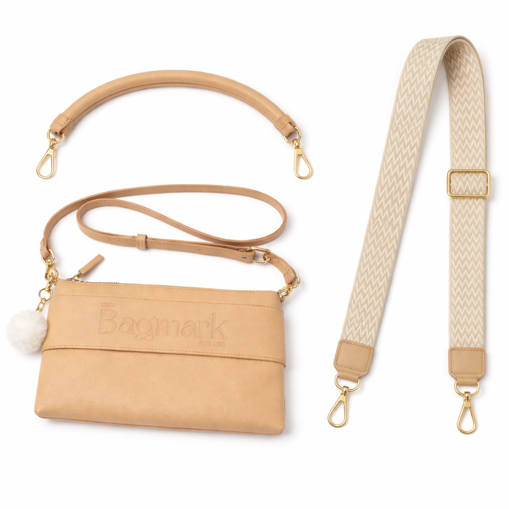 The Essential Camel Bundle - Includes Fabric Webbing Strap (Beige & White Mix) and Short Handle Strap